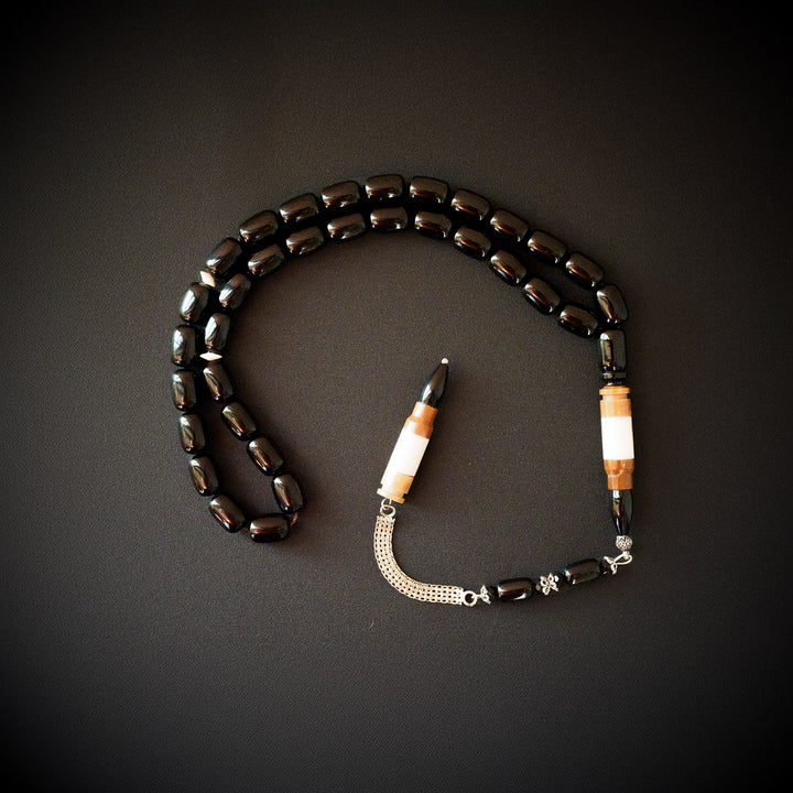 Custom Cast Black Rod-Cut Amber Silver Tasbeeh – Kuka-Combined Imam Bead – WATE042