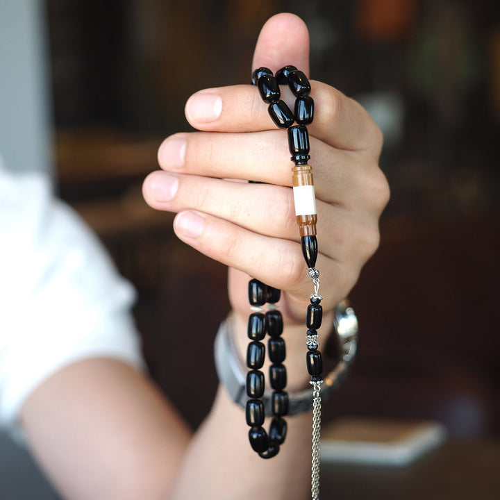 Custom Cast Black Rod-Cut Amber Silver Tasbeeh – Kuka-Combined Imam Bead – WATE042