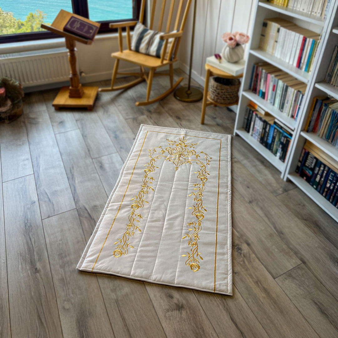 Cream Velvet Islamic Prayer Rug with Gold Embroidery – WAS014