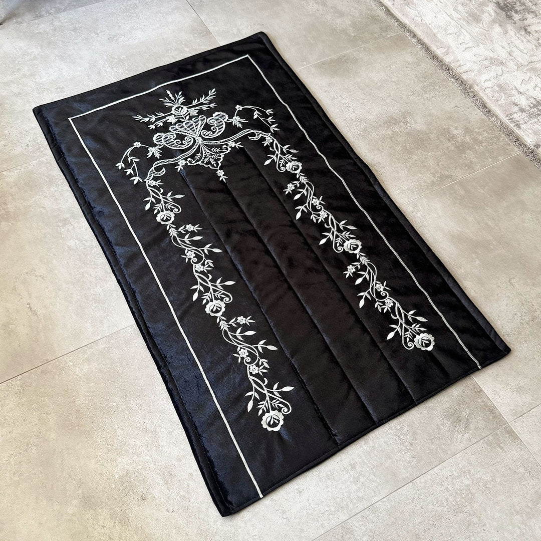 Black Velvet Islamic Prayer Rug with Silver Embroidery – WAS015
