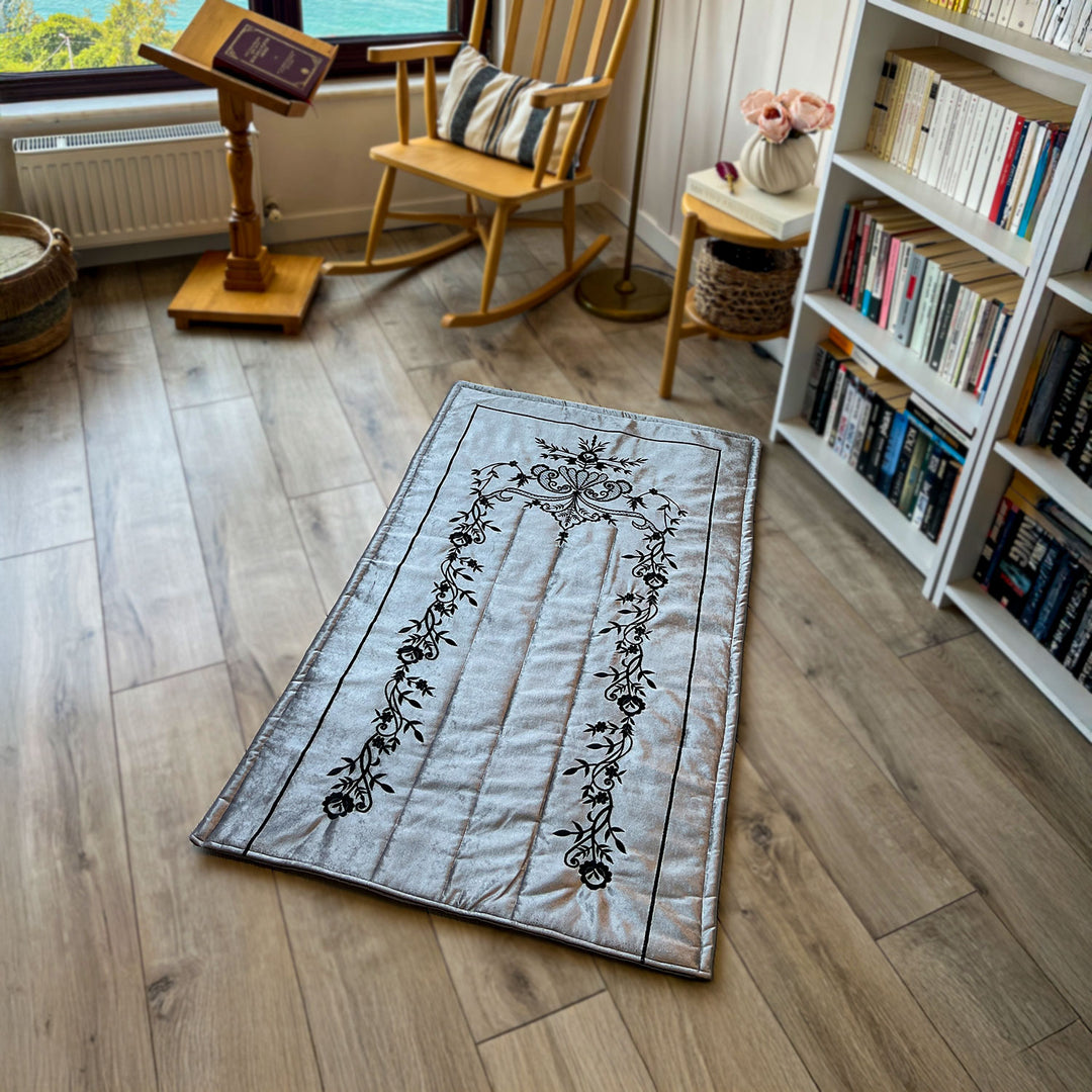 Gray Velvet Islamic Prayer Rug with Black Embroidery – WAS016