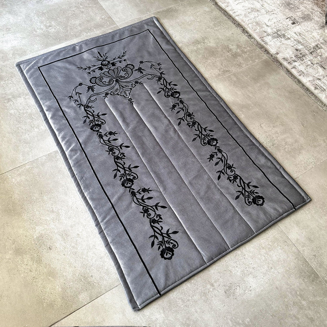 Gray Velvet Islamic Prayer Rug with Black Embroidery – WAS016