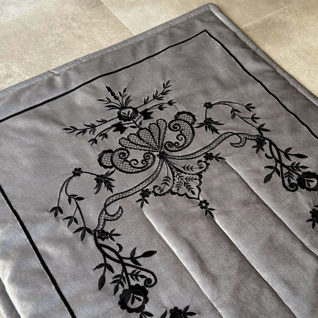 Gray Velvet Islamic Prayer Rug with Black Embroidery – WAS016