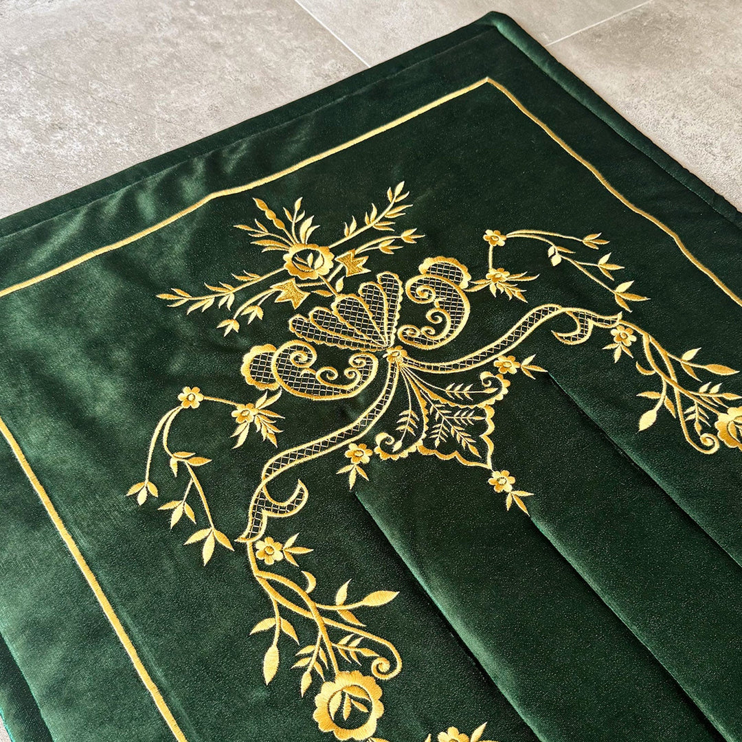 Green Velvet Islamic Prayer Rug with Gold Embroidery – WAS017
