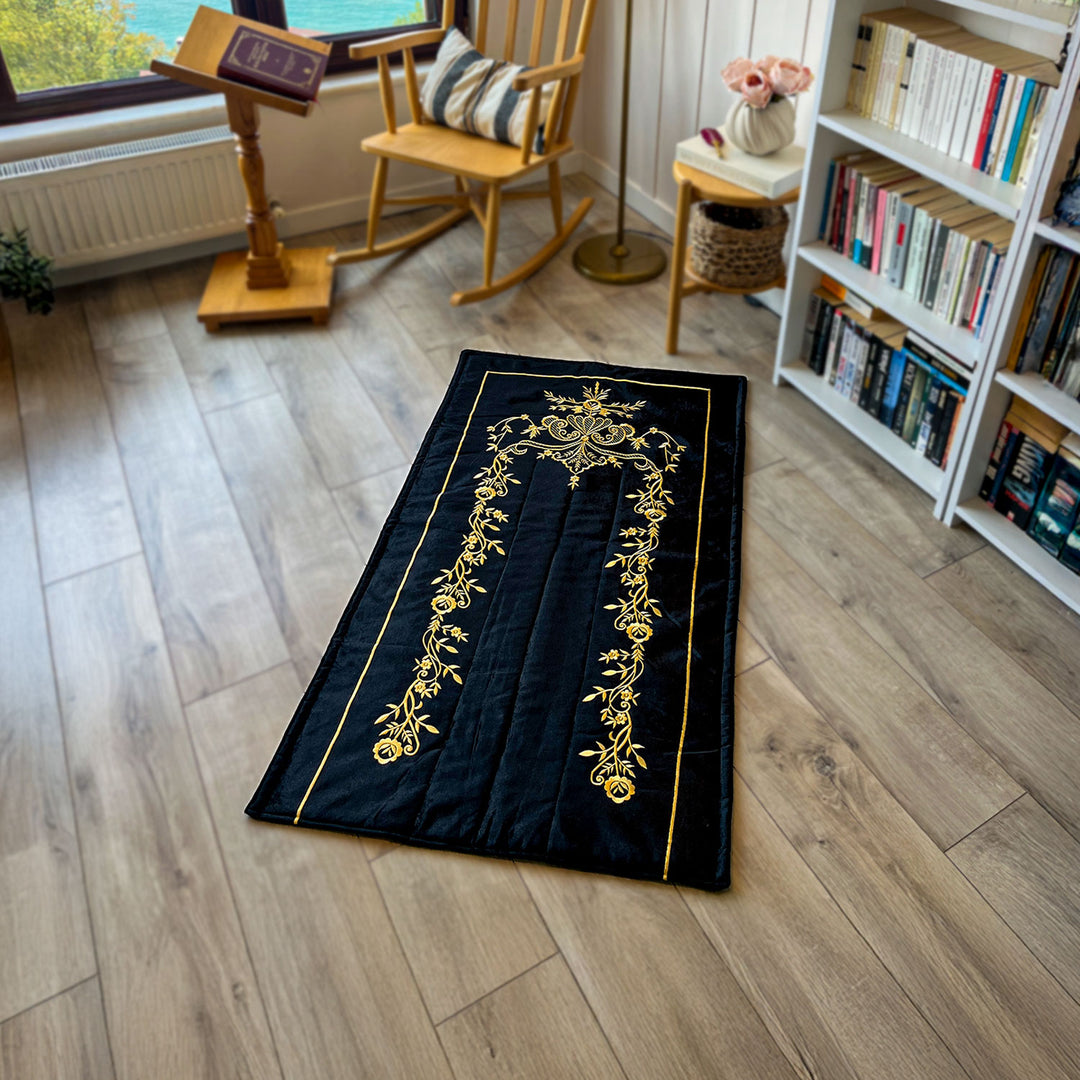 Black Velvet Islamic Prayer Rug with Gold Embroidery – WAS019
