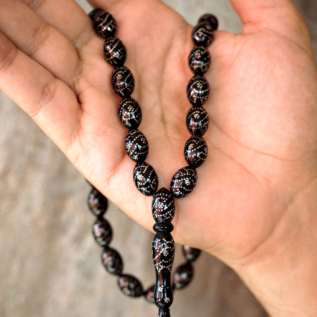 Mastercrafted Silver-Inlaid Kuka Tree Tasbeeh (Black Tone) – WATD079