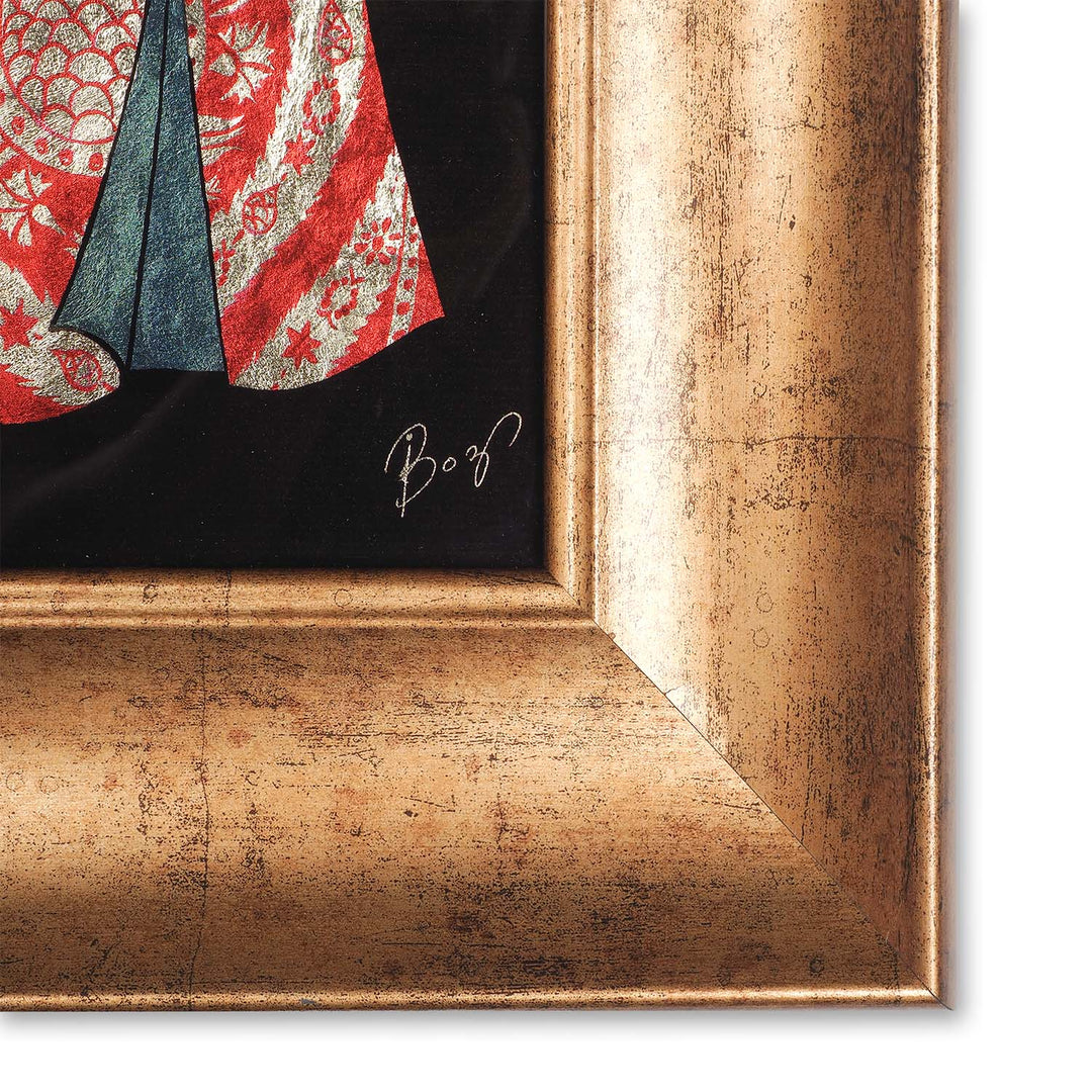Handcrafted Tulip-Patterned Kaftan Design Glass Wall Art with Gold Leaf Wooden Frame - WAAH453