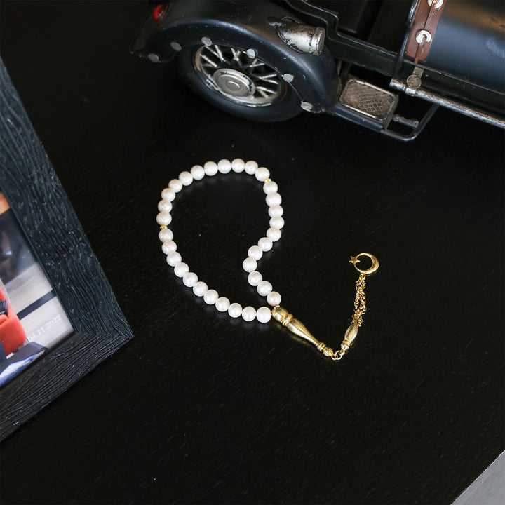 Genuine Pearl Tasbeeh with Crescent &amp; Star Theme and Gold-Plated 925 Sterling Silver Tassel - WATD651