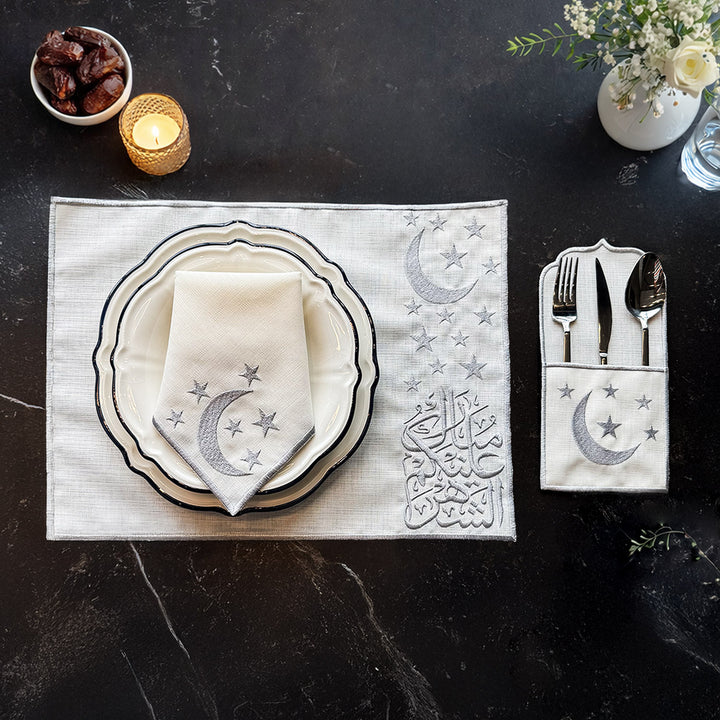 Set of 6 Ramadan Table Setting (18 Pieces Silver Embroidered Fabric) - WAS041