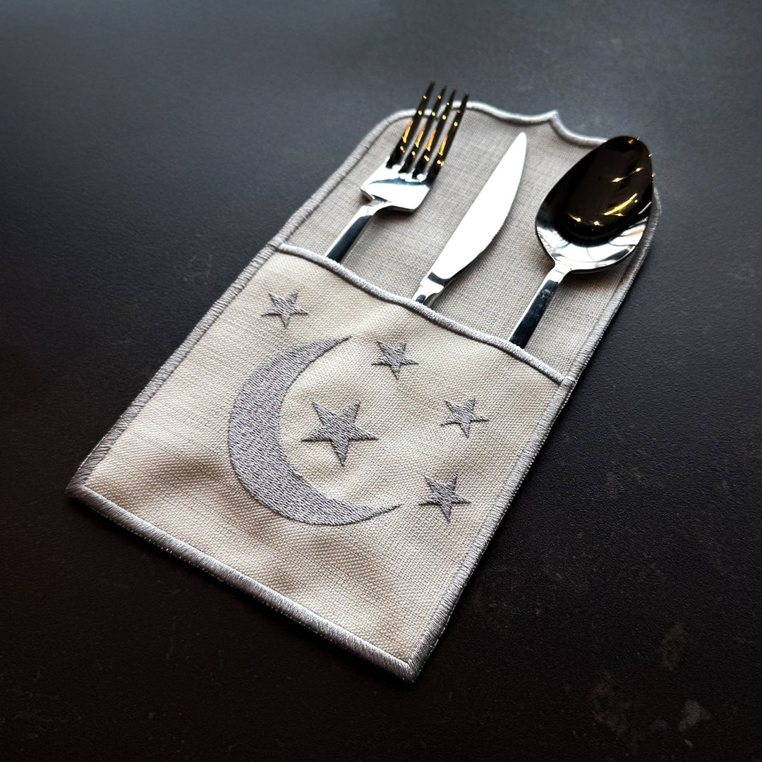 Set of 6 Ramadan Table Setting (18 Pieces Silver Embroidered Fabric) - WAS041