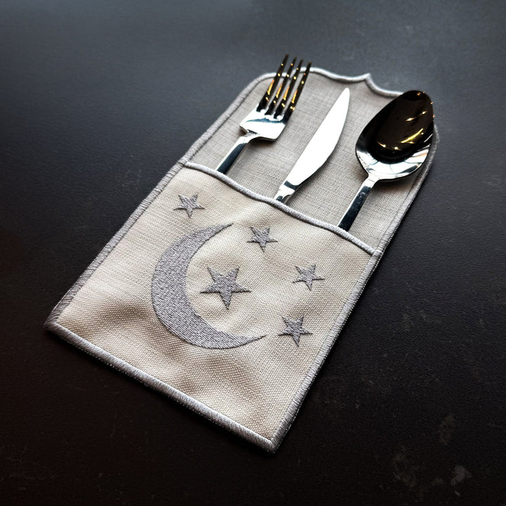 Set of 6 Ramadan Table Setting (18 Pieces Silver Embroidered Fabric) - WAS041