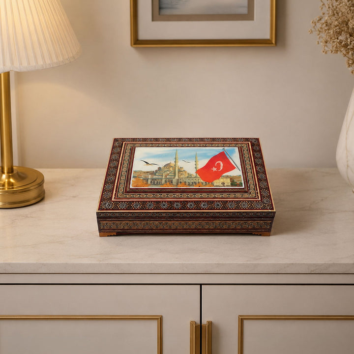 Sultanahmet and Turkish Flag Handcrafted Hatem-Inlaid Wooden Box - WAAH229