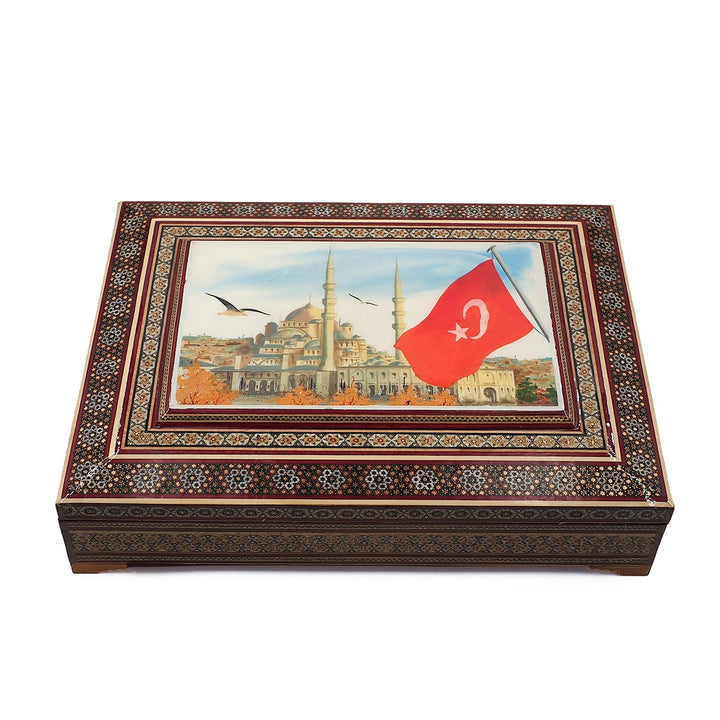 Sultanahmet and Turkish Flag Handcrafted Hatem-Inlaid Wooden Box - WAAH229