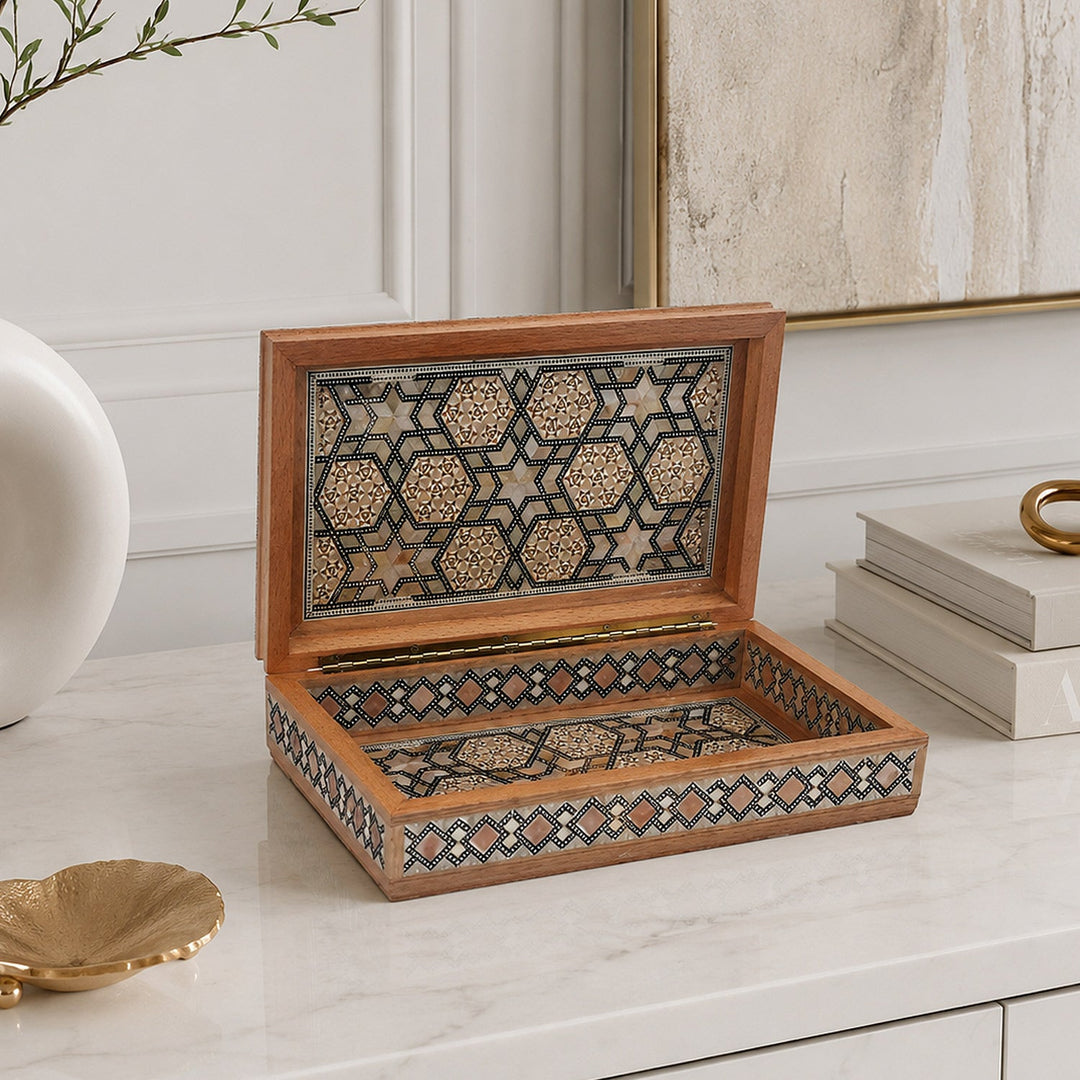 Geometric Motif | Handcrafted Mother-of-Pearl Inlaid Wooden Box – WAAH039