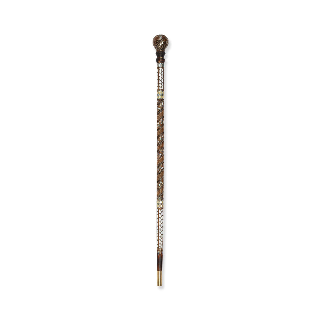Handcrafted Wooden Walking Cane with Mother-of-Pearl and Copper Wire Inlay, Spherical Handle – WAAH105