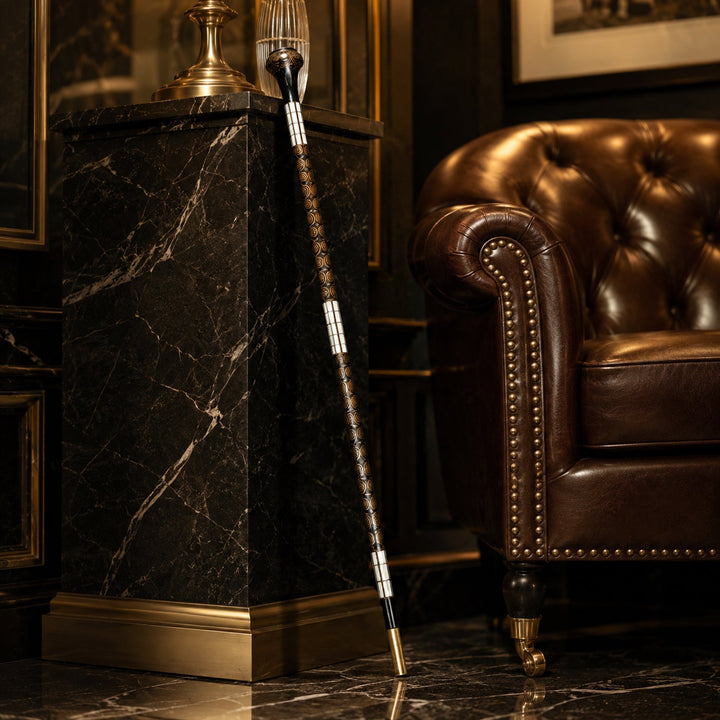 Handcrafted Wooden Walking Cane with Mother-of-Pearl and Copper Wire Inlay, Spherical Handle – WAAH106