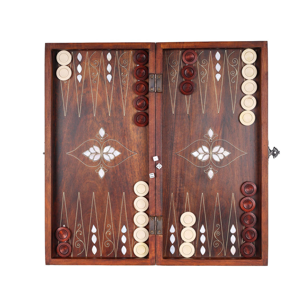 Handcrafted Wooden Backgammon Set with Mother-of-Pearl and Copper Wire Inlay – WAAH109