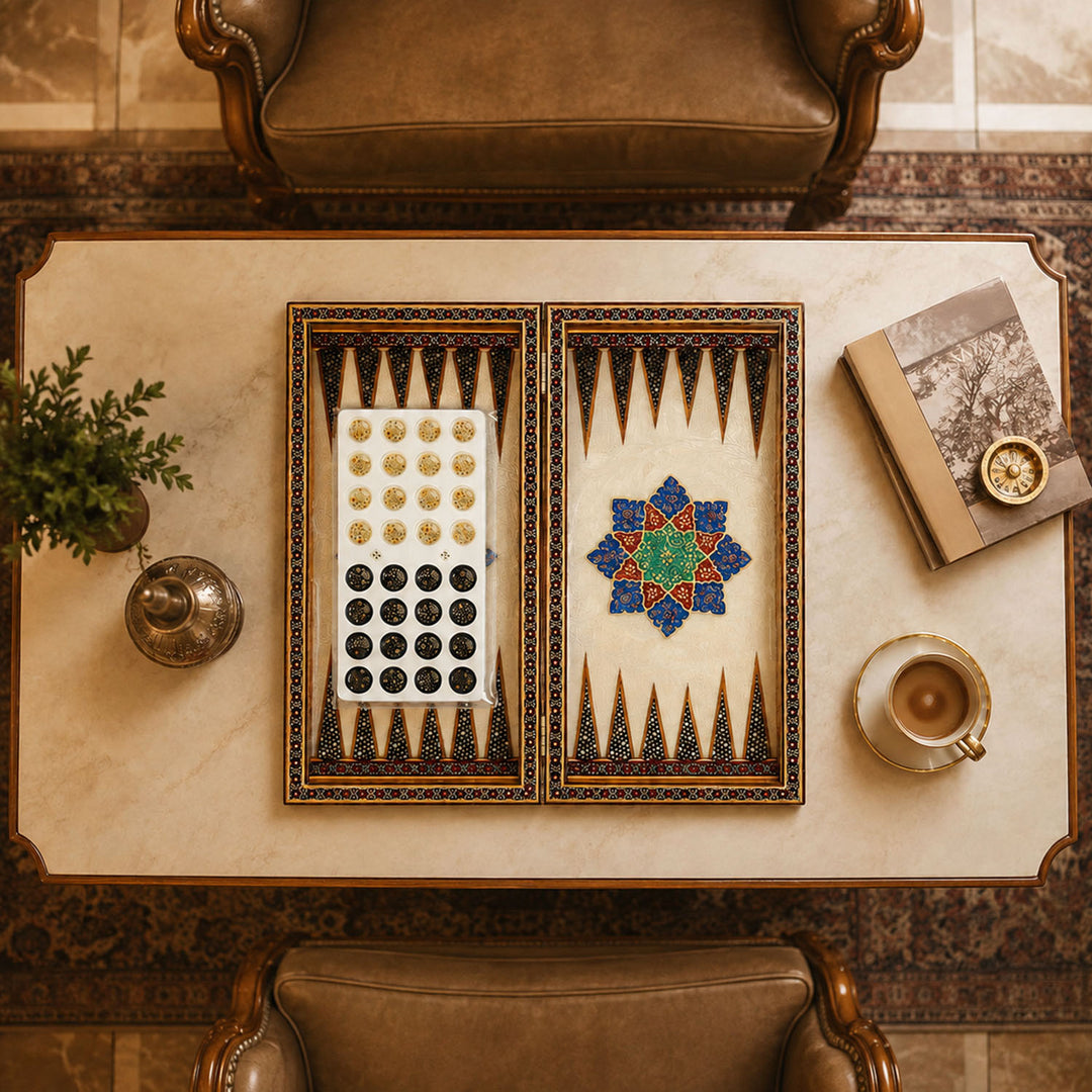 Handcrafted Hatem-Inlaid Wooden Backgammon Set with Carrying Case - WAAH145