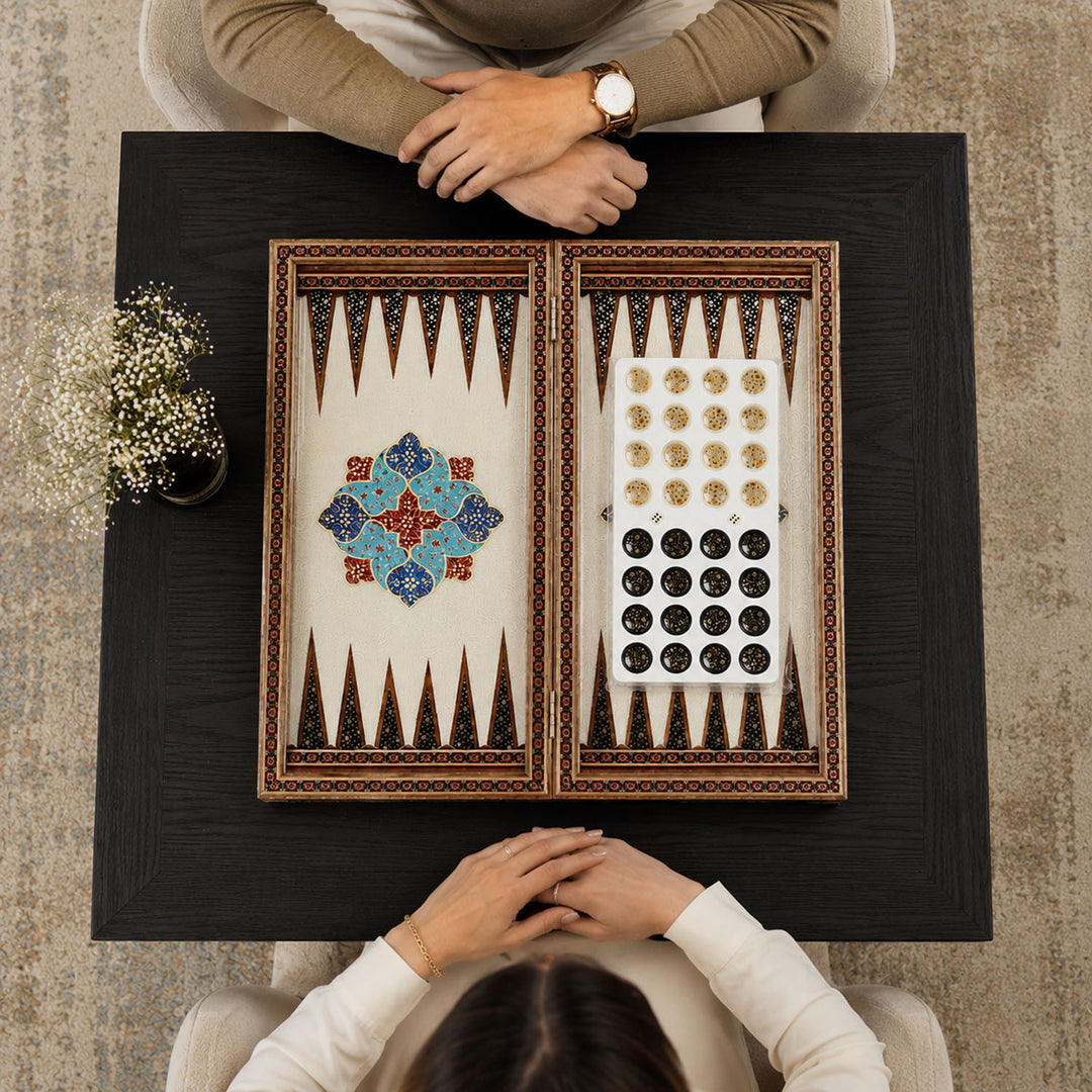 Handcrafted Hatem-Inlaid Wooden Backgammon Set with Carrying Case - WAAH146