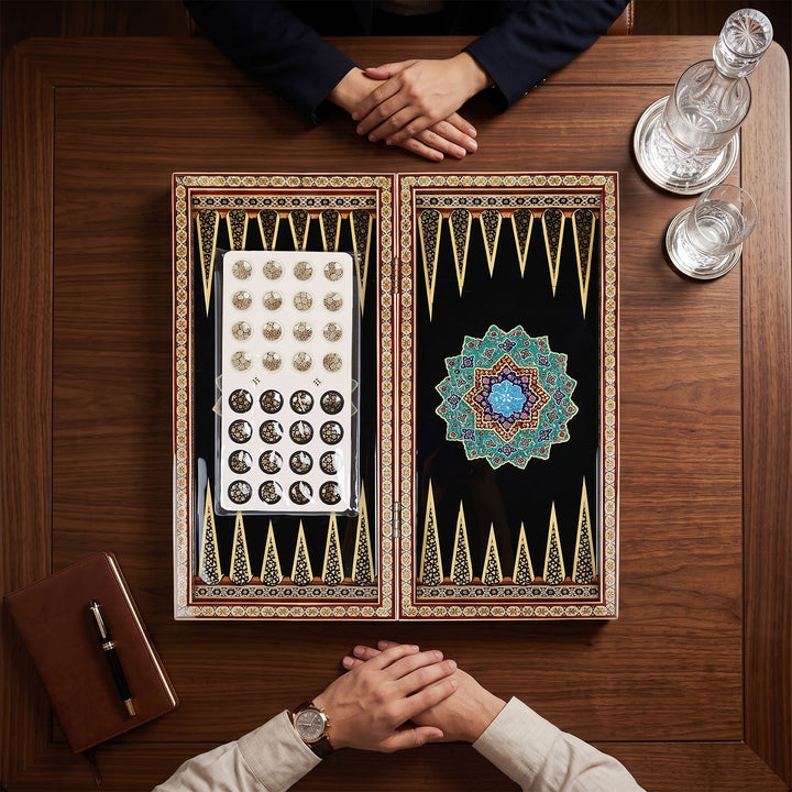 Handcrafted Hatem-Inlaid Wooden Backgammon Set with Carrying Case - WAAH147
