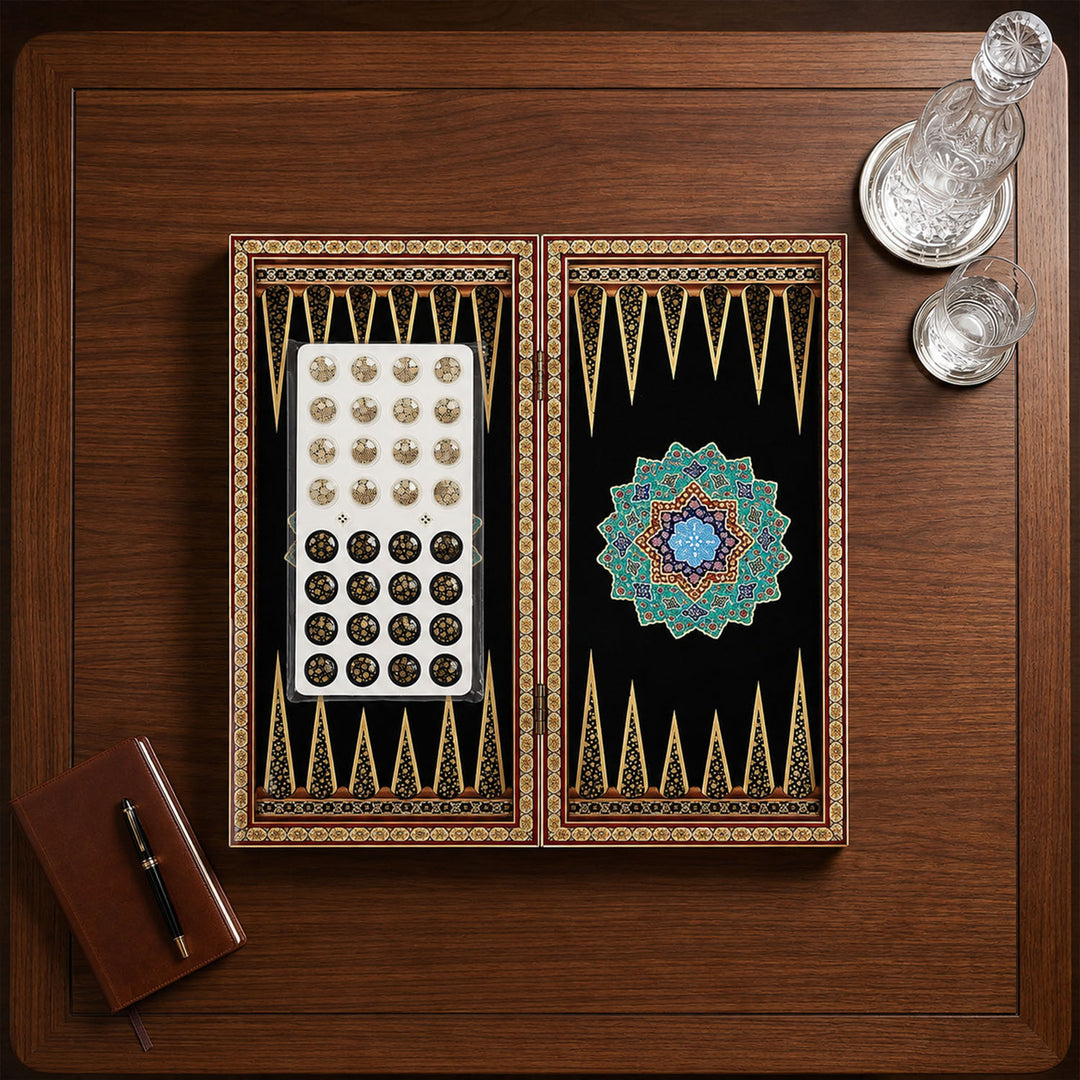 Handcrafted Hatem-Inlaid Wooden Backgammon Set with Carrying Case - WAAH147