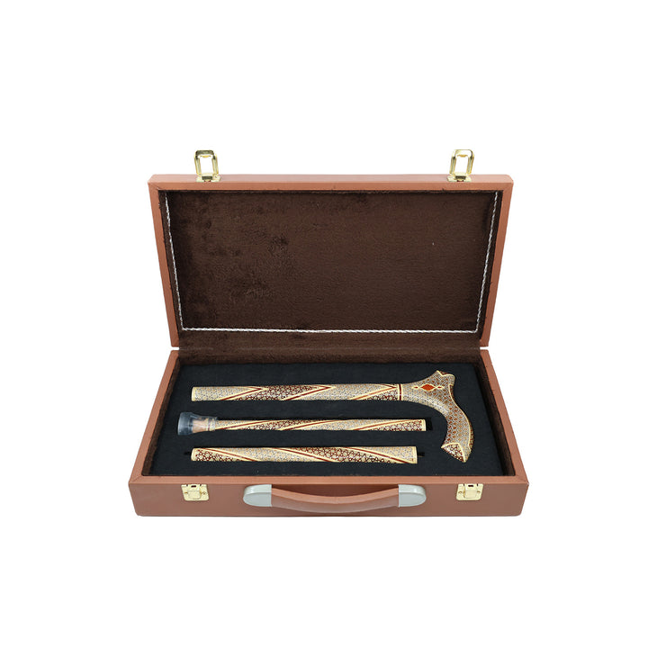 Handcrafted Hatem-Inlaid Wooden Walking Cane with Carrying Case - WAAH148