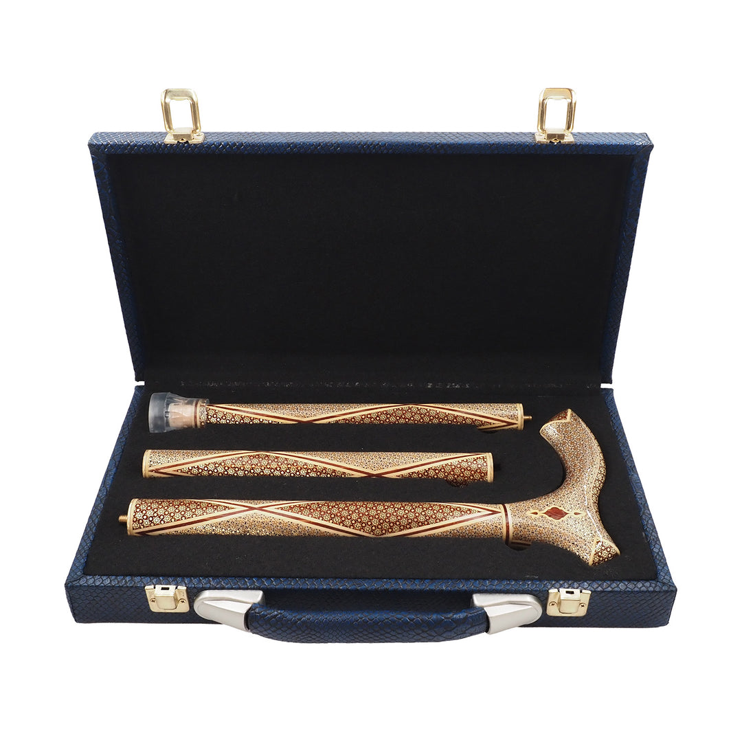 Handcrafted Hatem-Inlaid Wooden Walking Cane with Carrying Case - WAAH192