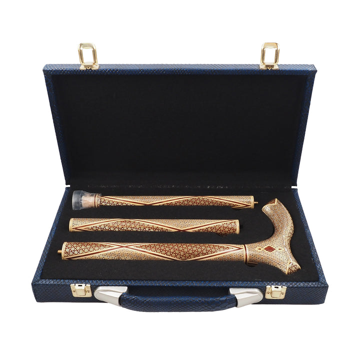 Handcrafted Hatem-Inlaid Wooden Walking Cane with Carrying Case - WAAH192