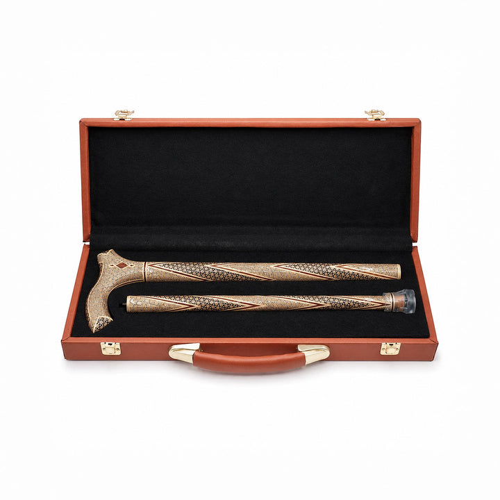 Handcrafted Hatem-Inlaid Wooden Walking Cane with Carrying Case - WAAH214