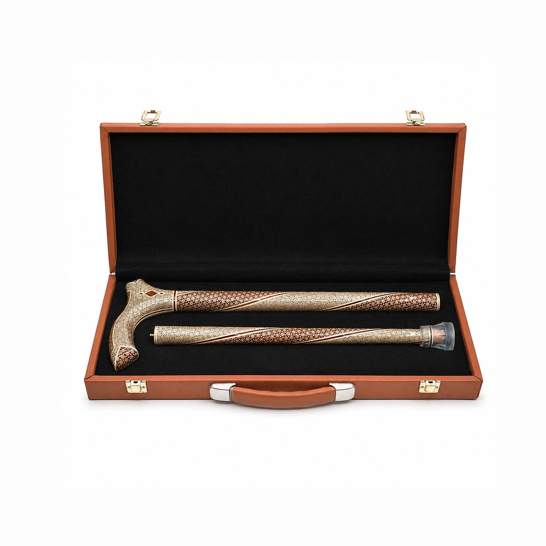 Handcrafted Hatem-Inlaid Wooden Walking Cane with Carrying Case - WAAH215