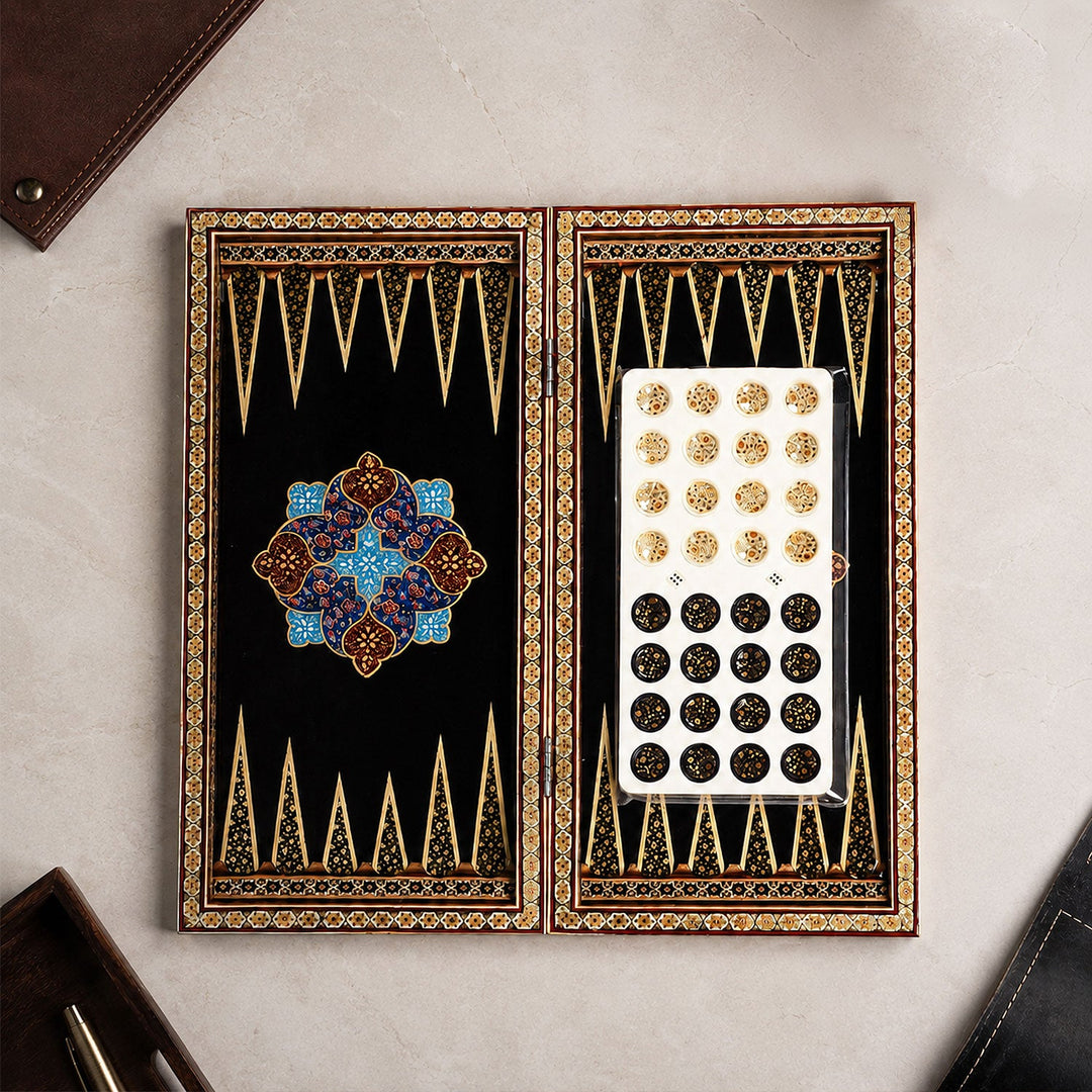 Handcrafted Hatem-Inlaid Wooden Backgammon Set with Carrying Case - WAAH217