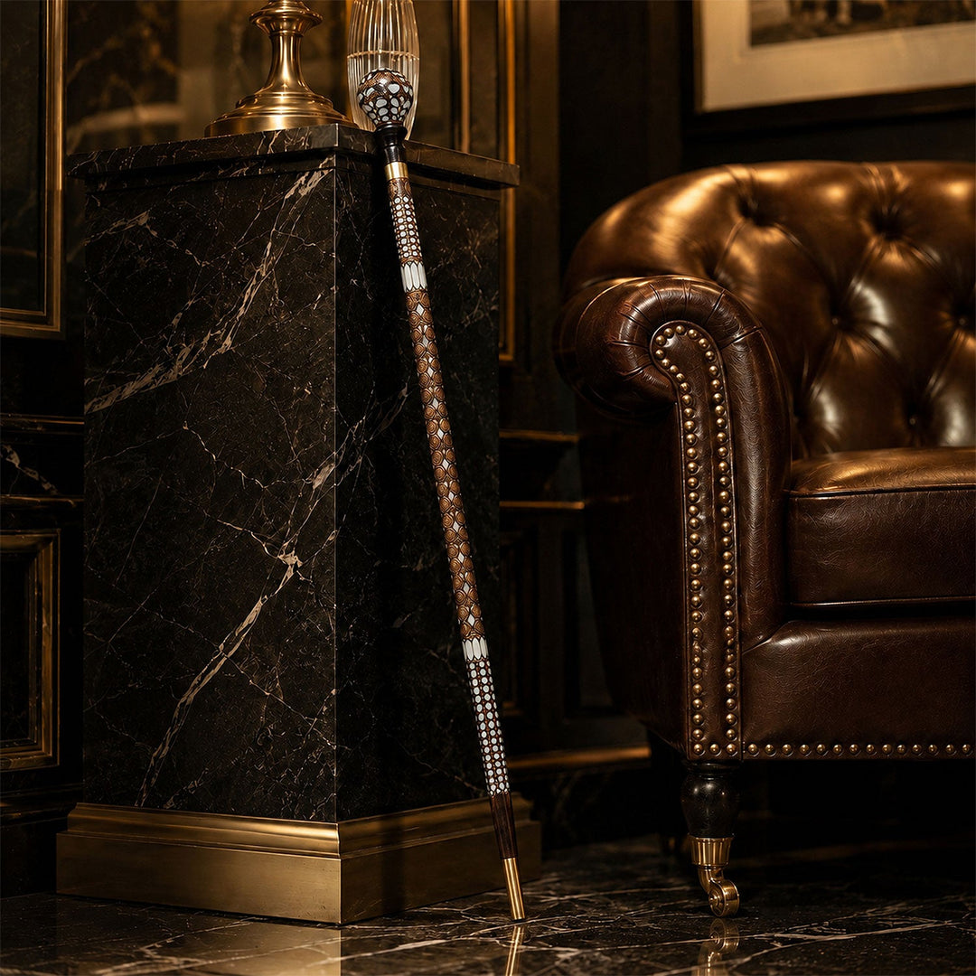 Handcrafted Walnut Wood Cane with Mother-of-Pearl and Brass Wire Inlay, Spherical Handle - WAAH232