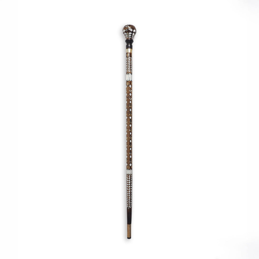 Handcrafted Walnut Wood Cane with Mother-of-Pearl and Brass Wire Inlay, Spherical Handle - WAAH232
