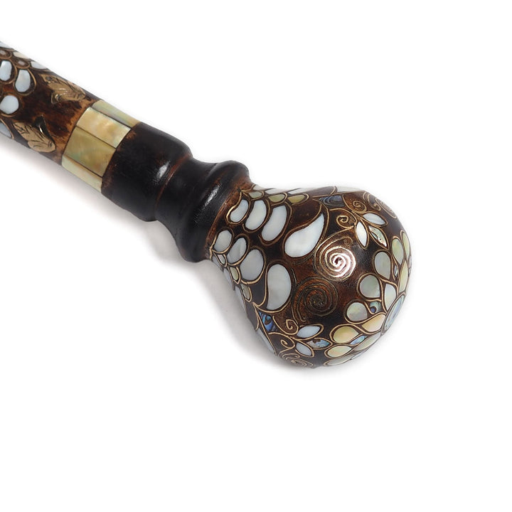 Handcrafted Walnut Wood Cane with Mother-of-Pearl and Brass Wire Inlay, Spherical Handle - WAAH232