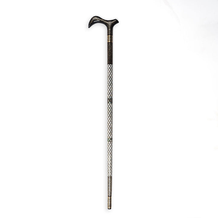 Handcrafted Walnut Wood Cane with Mother-of-Pearl and Brass Wire Inlay, Spherical Handle - WAAH233