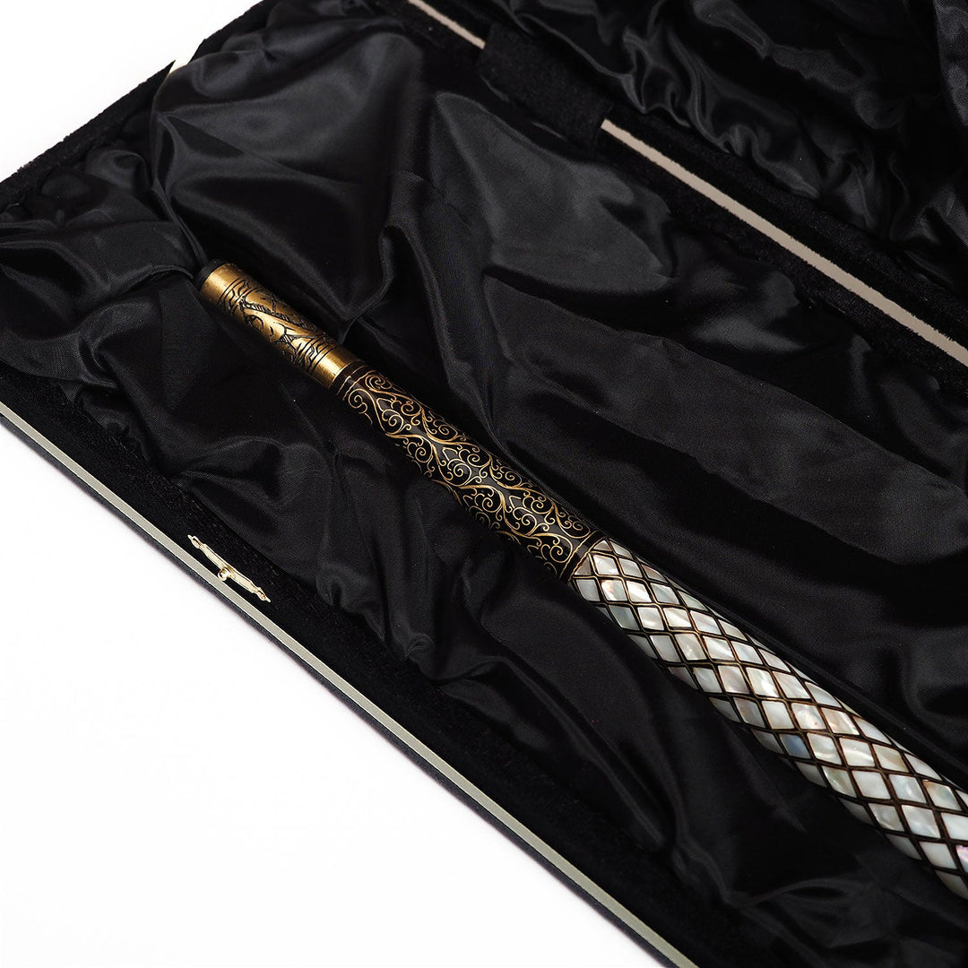 Handcrafted Walnut Wood Cane with Mother-of-Pearl and Brass Wire Inlay, Spherical Handle - WAAH233
