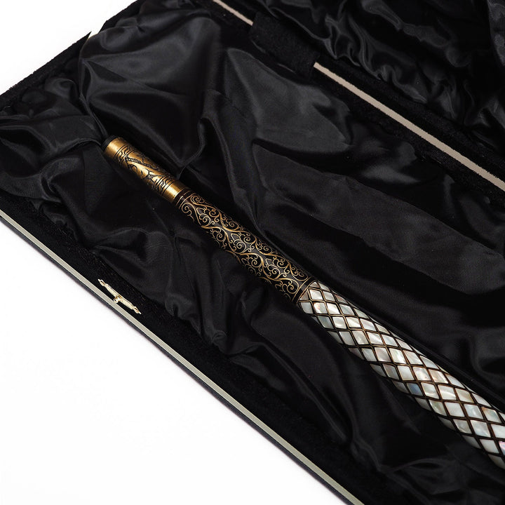 Handcrafted Walnut Wood Cane with Mother-of-Pearl and Brass Wire Inlay, Spherical Handle - WAAH233