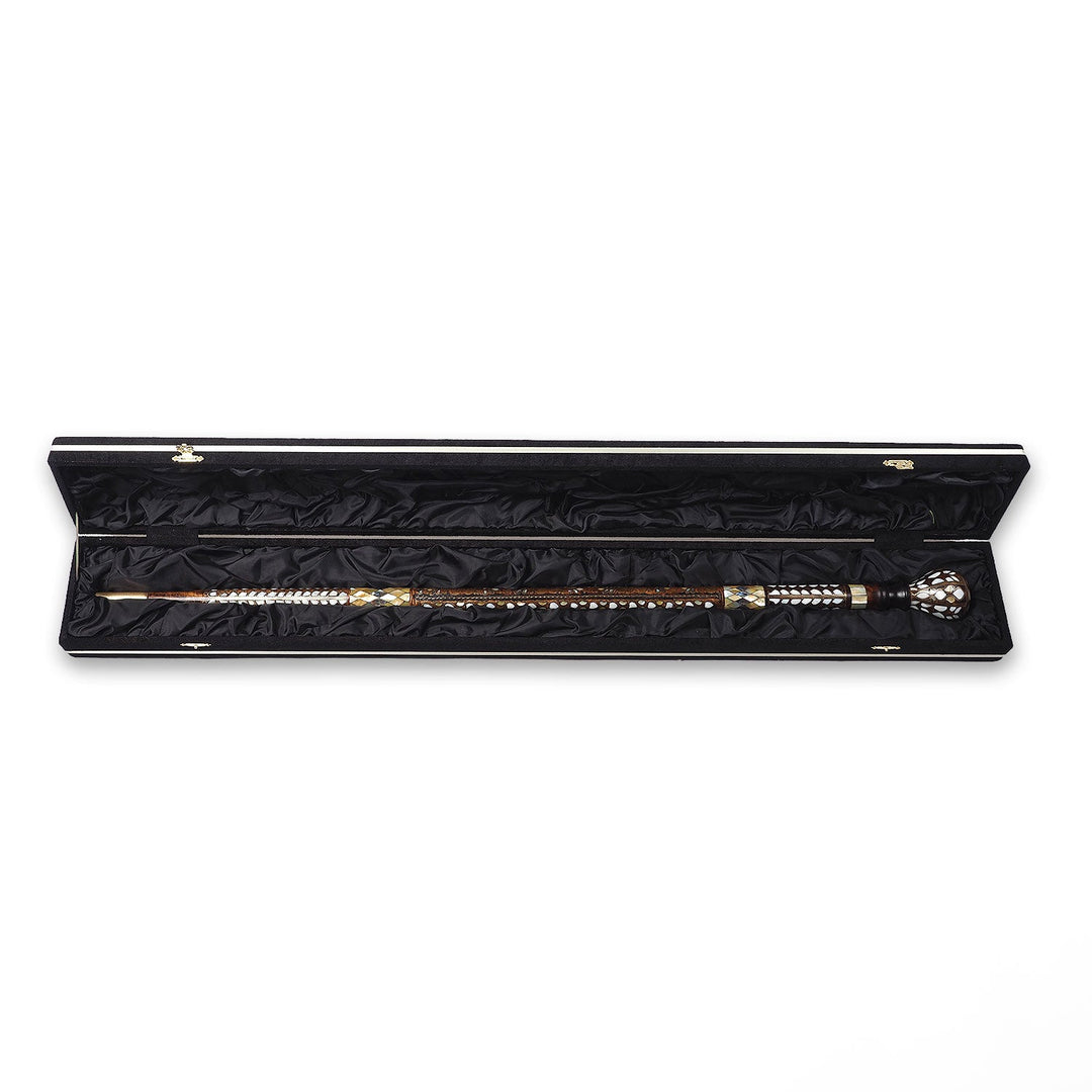 Handcrafted Walnut Wood Cane with Mother-of-Pearl and Brass Wire Inlay, Spherical Handle - WAAH234