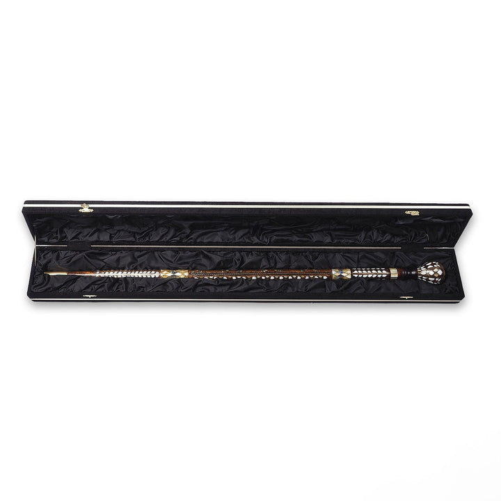 Handcrafted Walnut Wood Cane with Mother-of-Pearl and Brass Wire Inlay, Spherical Handle - WAAH234