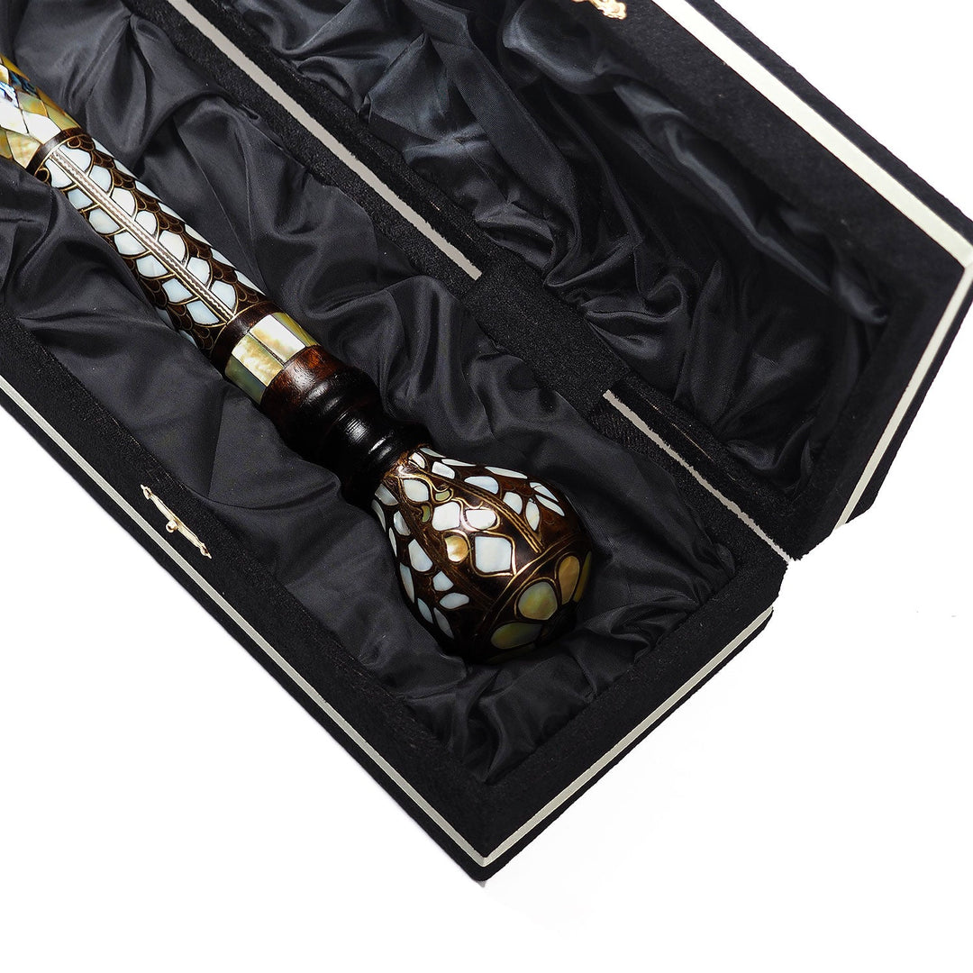 Handcrafted Walnut Wood Cane with Mother-of-Pearl and Brass Wire Inlay, Spherical Handle - WAAH234