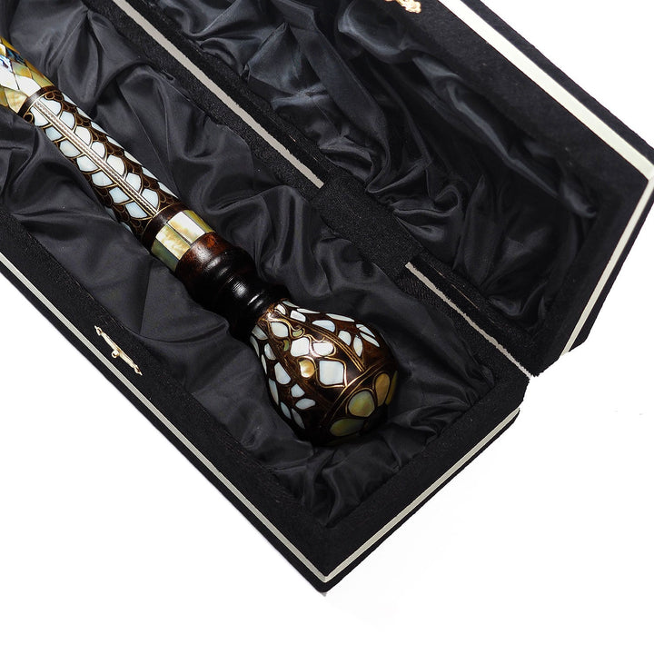 Handcrafted Walnut Wood Cane with Mother-of-Pearl and Brass Wire Inlay, Spherical Handle - WAAH234