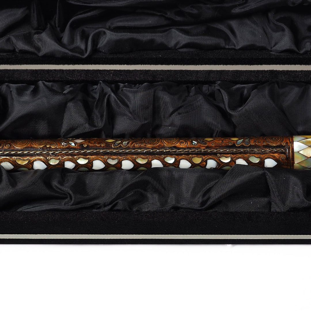 Handcrafted Walnut Wood Cane with Mother-of-Pearl and Brass Wire Inlay, Spherical Handle - WAAH234