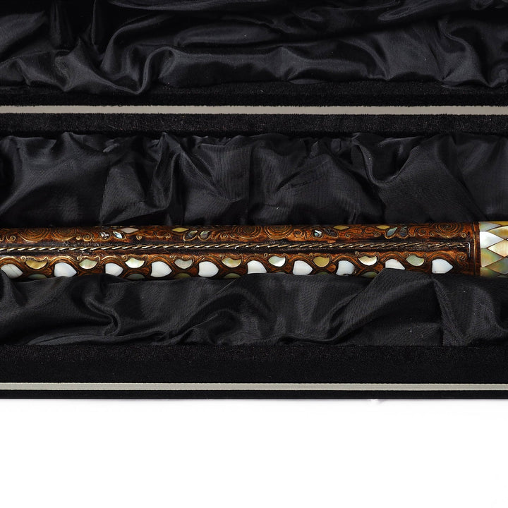Handcrafted Walnut Wood Cane with Mother-of-Pearl and Brass Wire Inlay, Spherical Handle - WAAH234