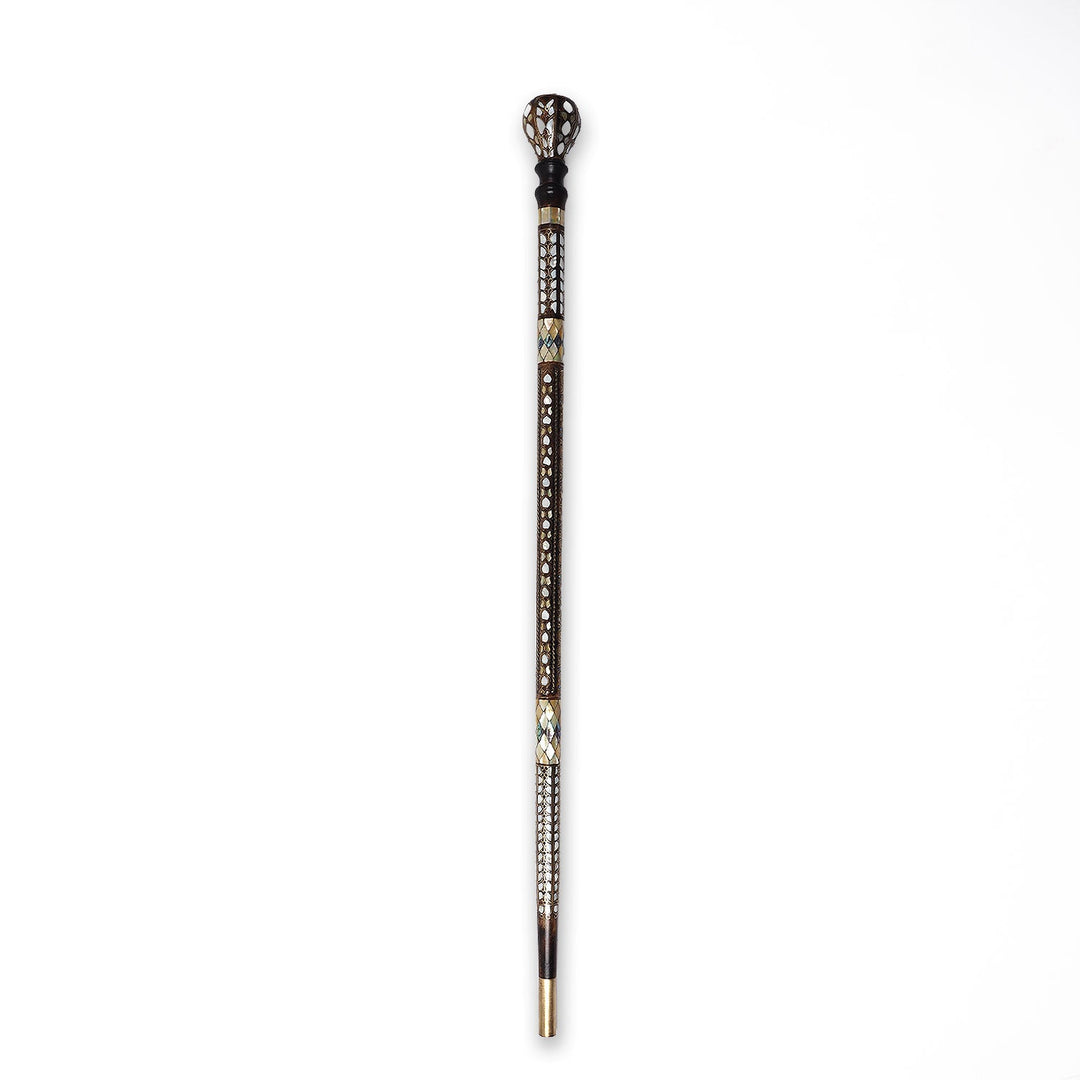 Handcrafted Walnut Wood Cane with Mother-of-Pearl and Brass Wire Inlay, Spherical Handle - WAAH234