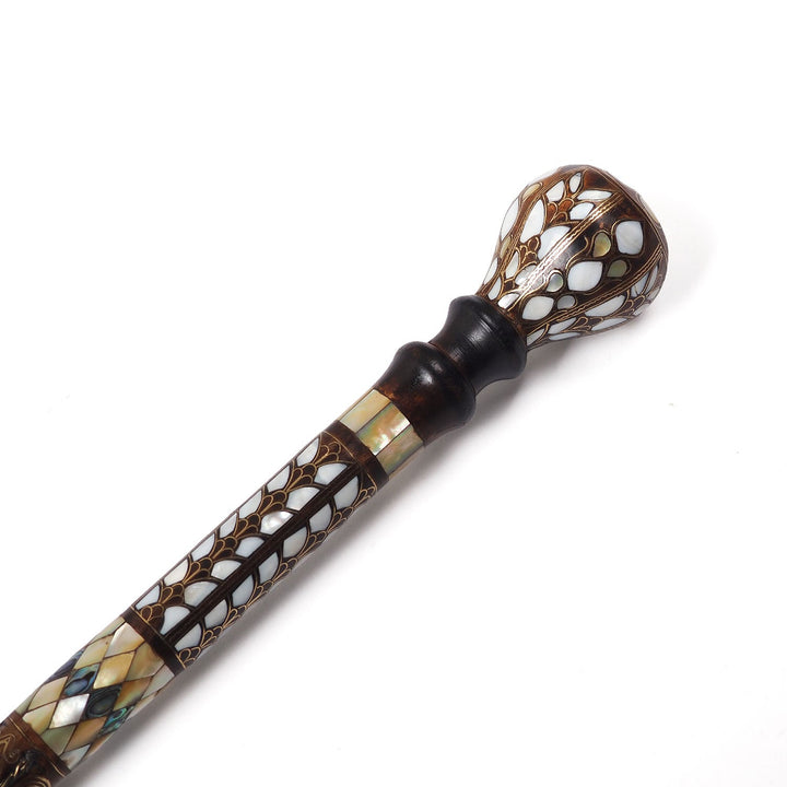 Handcrafted Walnut Wood Cane with Mother-of-Pearl and Brass Wire Inlay, Spherical Handle - WAAH234