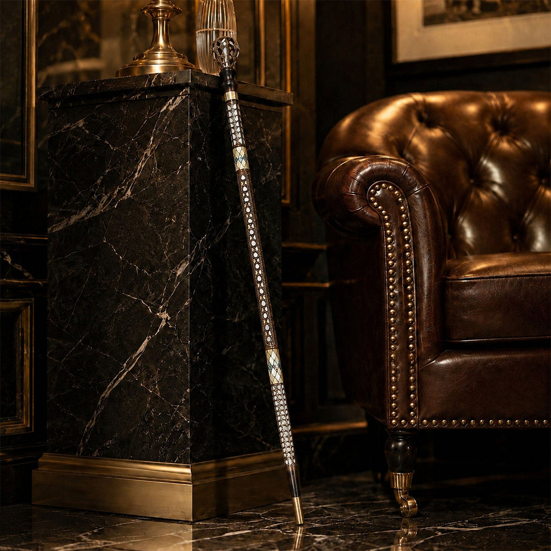 Handcrafted Walnut Wood Cane with Mother-of-Pearl and Brass Wire Inlay, Spherical Handle - WAAH234