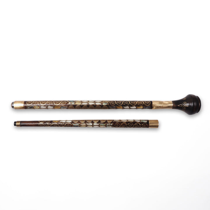 Handcrafted Wooden Walking Cane with Mother-of-Pearl and Copper Wire Inlay, Spherical Handle - WAAH235