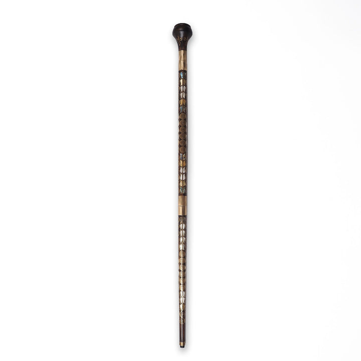 Handcrafted Wooden Walking Cane with Mother-of-Pearl and Copper Wire Inlay, Spherical Handle - WAAH235