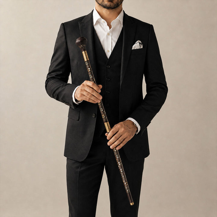 Handcrafted Wooden Walking Cane with Mother-of-Pearl and Copper Wire Inlay, Spherical Handle - WAAH236