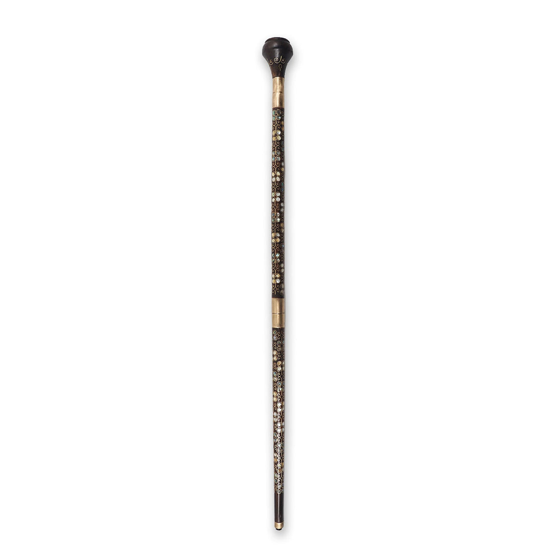 Handcrafted Wooden Walking Cane with Mother-of-Pearl and Copper Wire Inlay, Spherical Handle - WAAH236